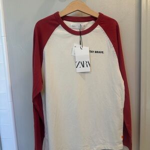 Zara Kids Long Sleeve Red and Cream Tee